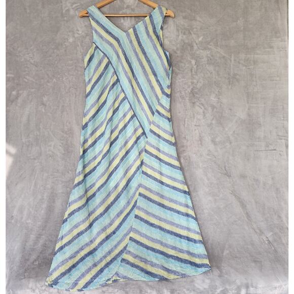 J Jill Linen Dress Womens Medium Petite Long Maxi Love Blue Diagonal Striped PM - Picture 3 of 12